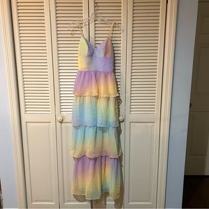 Amanda Uprichard Thaddea Rainbow Tiered Ruffle Chiffon Maxi Dress Size XS